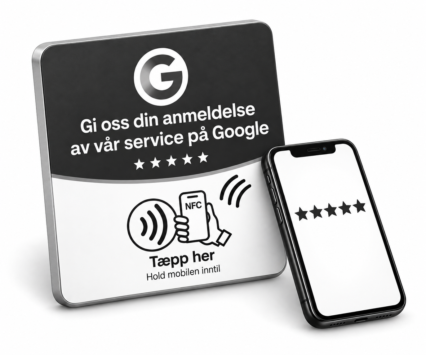 Telefon som tæppes mot en fysisk NFC-plate for Google-anmeldelser
